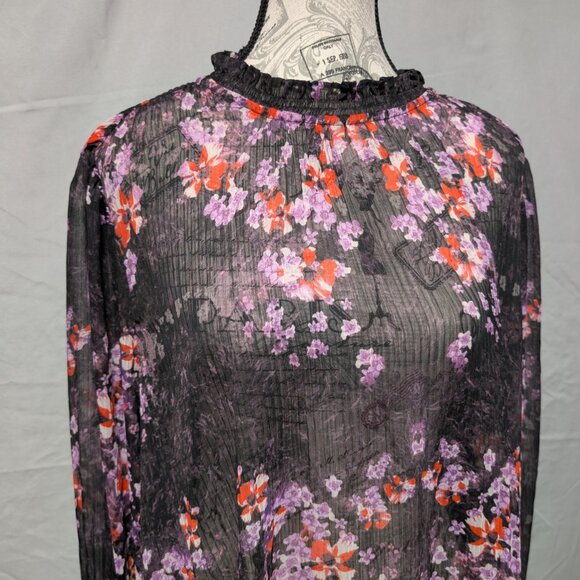 Simply Vera Vera Wang Black Floral Sheer Blouse Ruffle Mock‎ Neck Women's XL - Picture 2 of 8